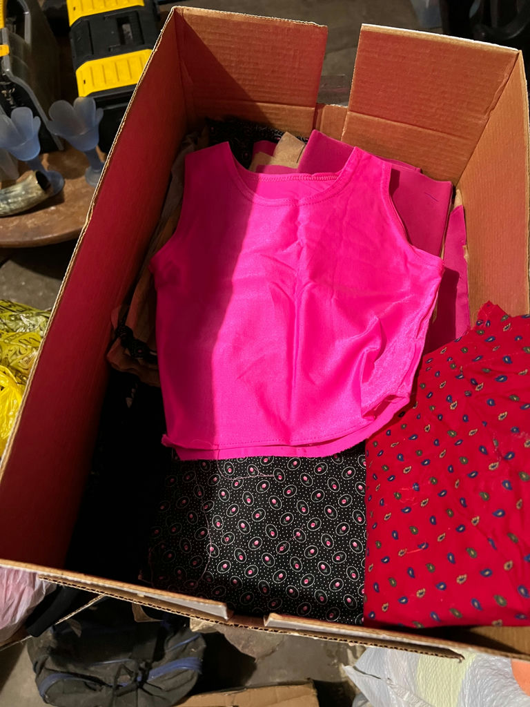 Assorted vintage fabrics and textiles: floral, plaid, satin, lycra, suede, lace - image 10 of 14