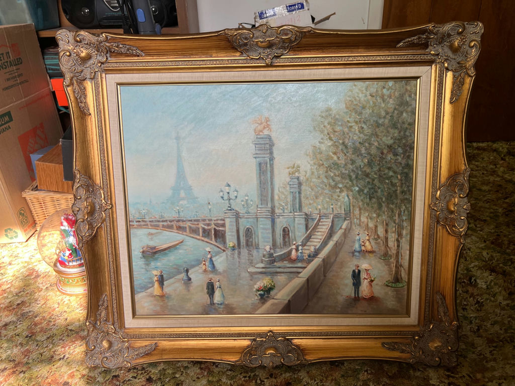 Vintage Parisian waterfront painting in ornate frame - image 1 of 10
