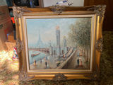Vintage Parisian waterfront painting in ornate frame - thumbnail 1 of 10