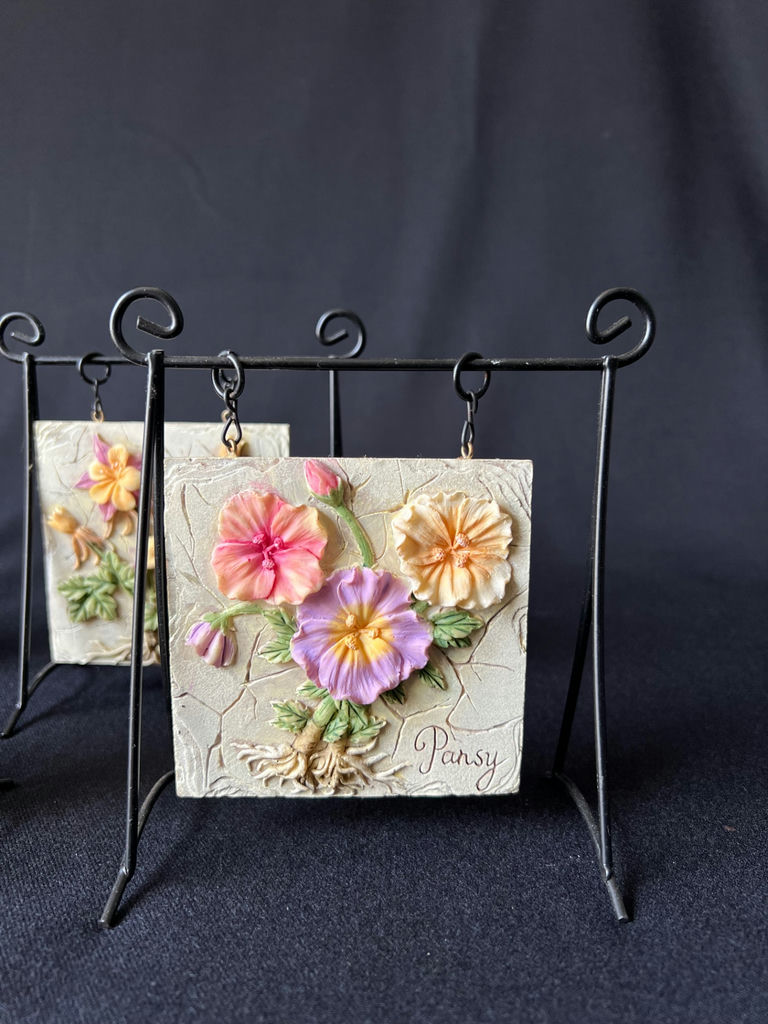 Floral embossed ceramic tiles on metal display stands, sculpted ceramic yellow rose - image 4 of 13