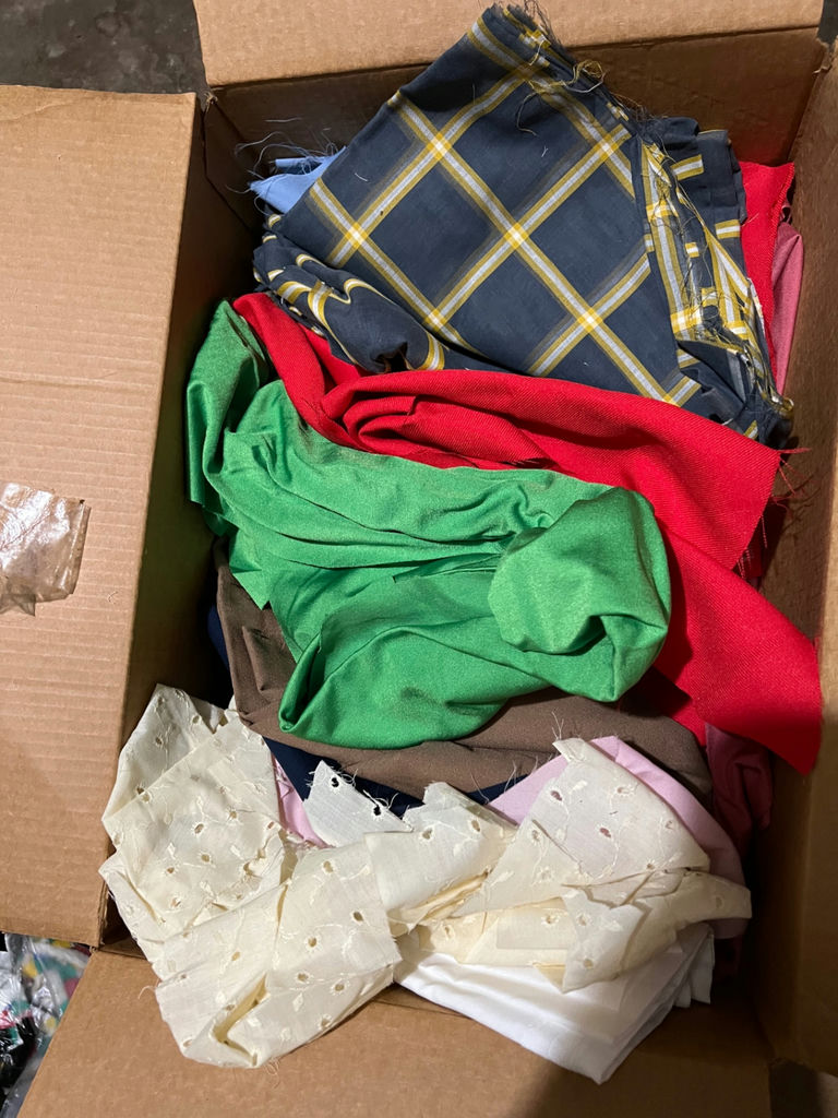 Assorted vintage fabrics and textiles: floral, plaid, satin, lycra, suede, lace - image 5 of 14