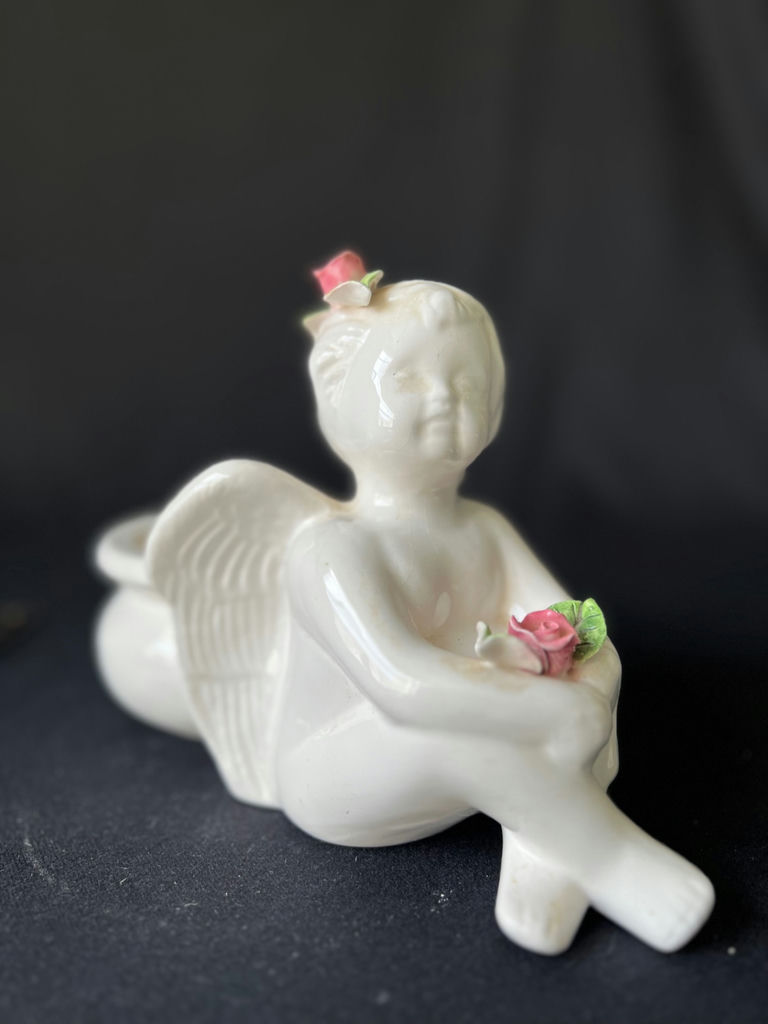 Ceramic angel planter, nesting heart dishes, and iridescent, Carnival Glass fruit bowl - image 1 of 7