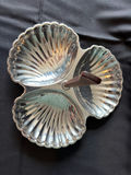 Vintage three-section shell-shaped serving dish with wooden handle, antique creamer pitcher, and embossed glass plate - thumbnail 3 of 8