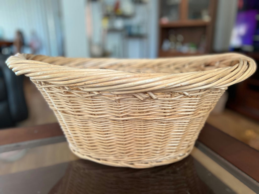 Vintage wicker basket with handle, vintage wicker laundry basket and painted farm tote - image 1 of 23