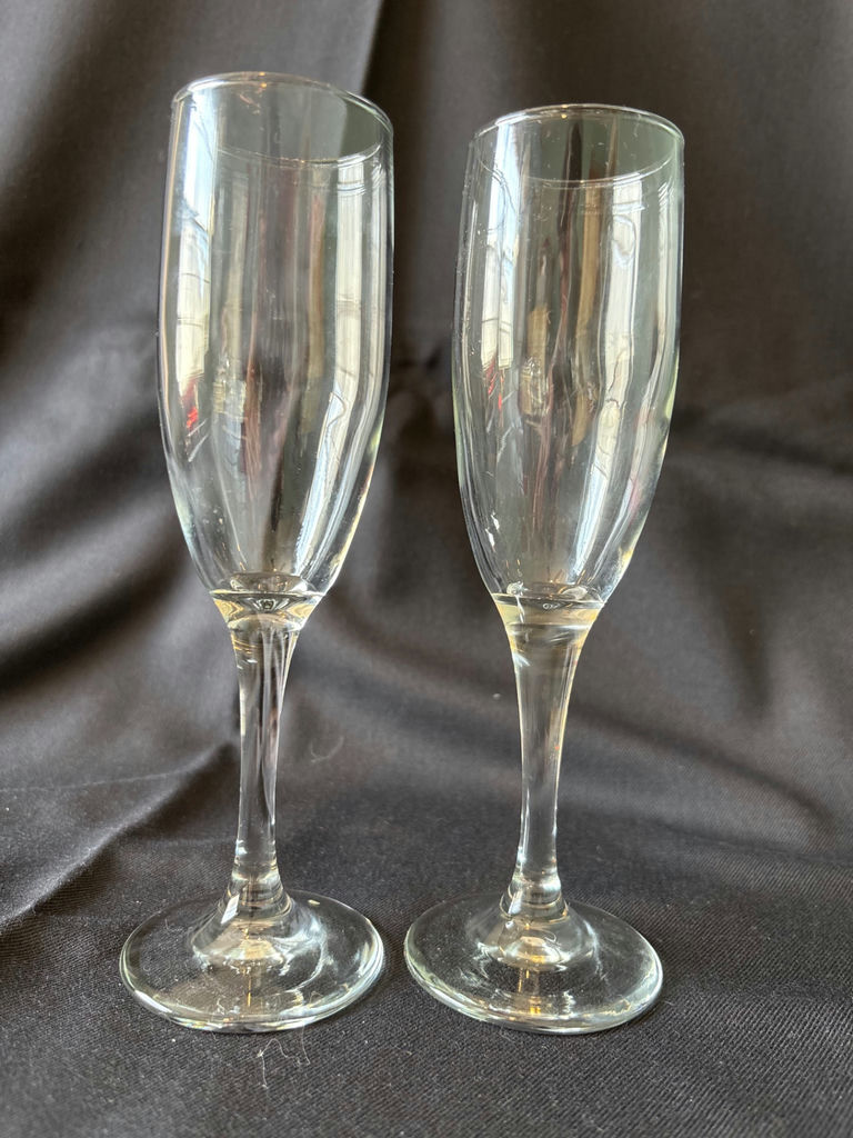 Vintage Green goblets with gold rims and clear champagne flutes - image 5 of 6