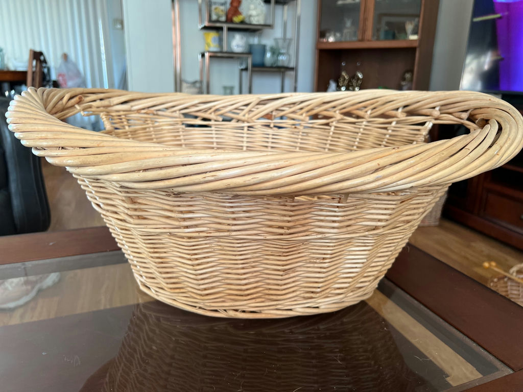 Vintage wicker basket with handle, vintage wicker laundry basket and painted farm tote - image 4 of 23