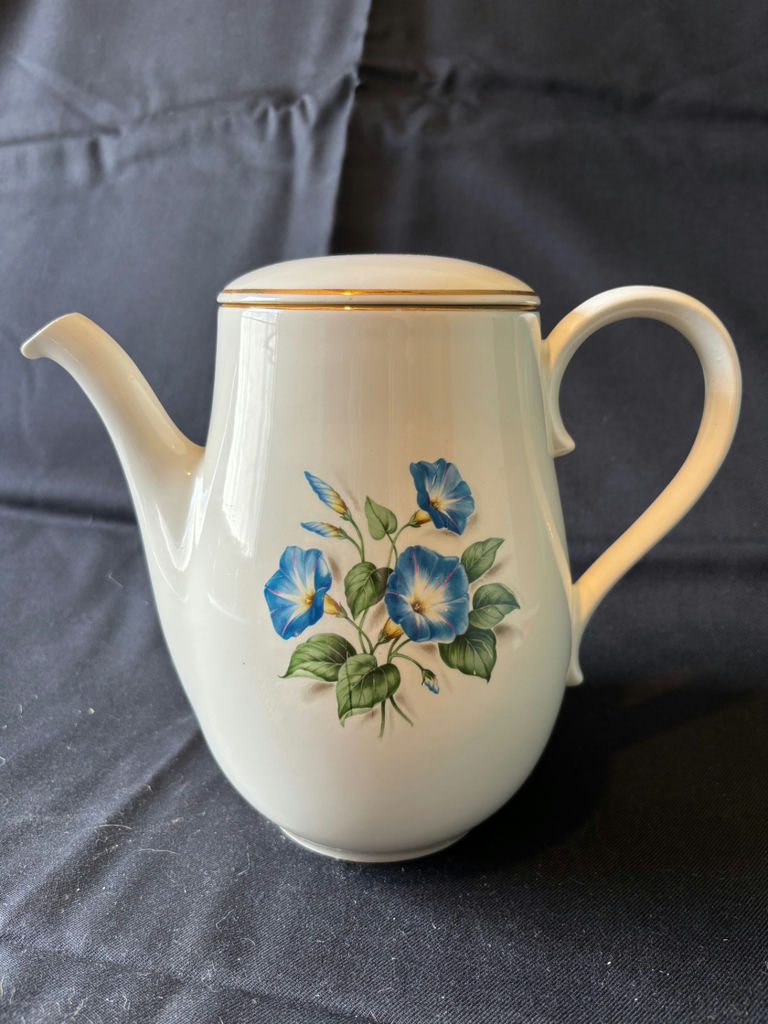 Vintage Wedgewood "Blue Delphi" lidded Coffeepot, Decorative porcelain basket, ceramic dish, ceramic elephant creamer pitcher - image 1 of 10