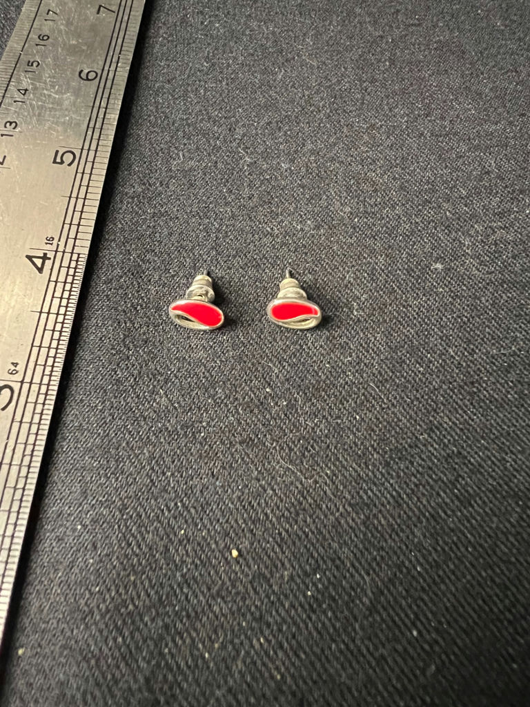 Three pairs of earrings: red enamel studs, color‑enamel hoops, and gold-tone pearl studs - image 2 of 9