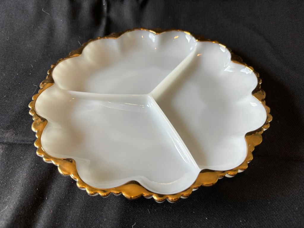 Vintage Precious Moments lidded keepsake dish, Milk Glass divided plate with gold rim, and ceramic ashtray - image 2 of 9