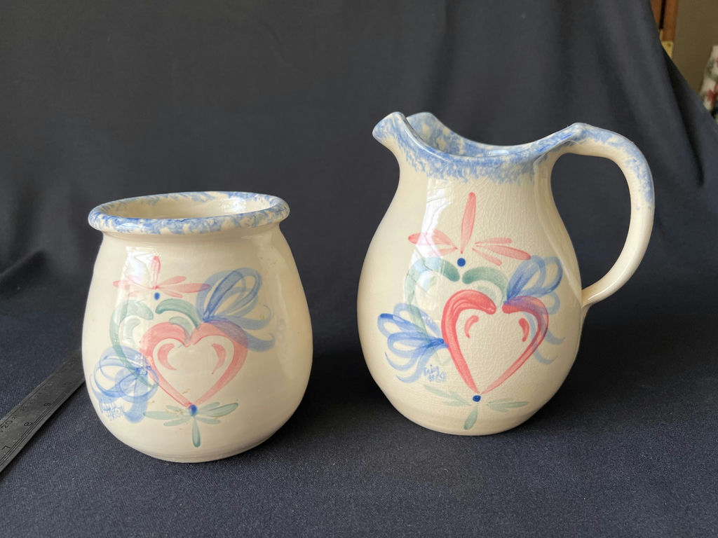 Vintage double condiment crock set (broken handle), Ellis Prod Pottery hand-painted ceramic pitcher and jar - image 4 of 5