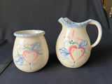 Vintage double condiment crock set (broken handle), Ellis Prod Pottery hand-painted ceramic pitcher and jar - thumbnail 4 of 5