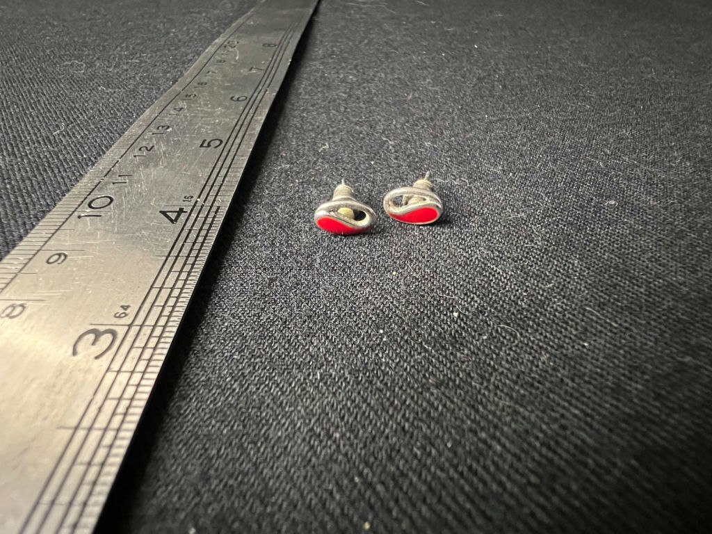 Three pairs of earrings: red enamel studs, color‑enamel hoops, and gold-tone pearl studs - image 1 of 9
