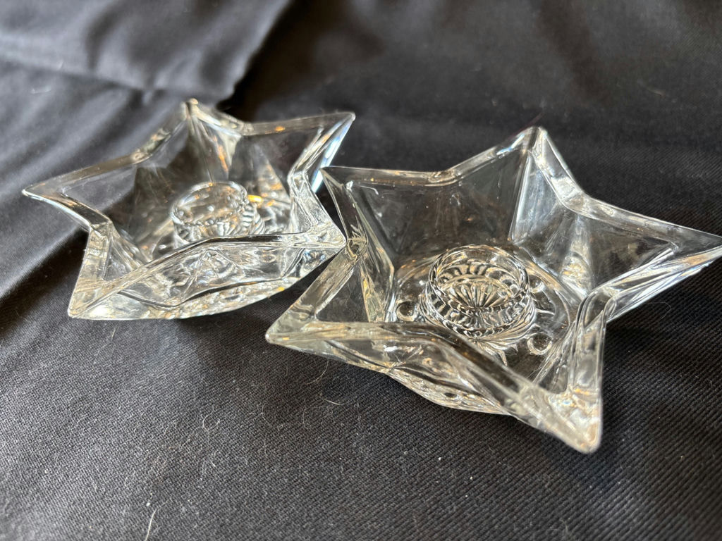 Three tall ribbed glass tiki glasses, round candle holder, and two star-shaped glass candle holders - image 10 of 10