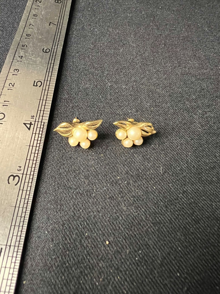Three pairs of earrings: red enamel studs, color‑enamel hoops, and gold-tone pearl studs - image 4 of 9