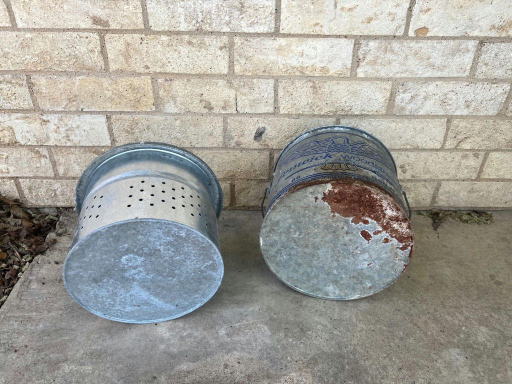 Antique metal bait buckets and enameled pot - image 9 of 19