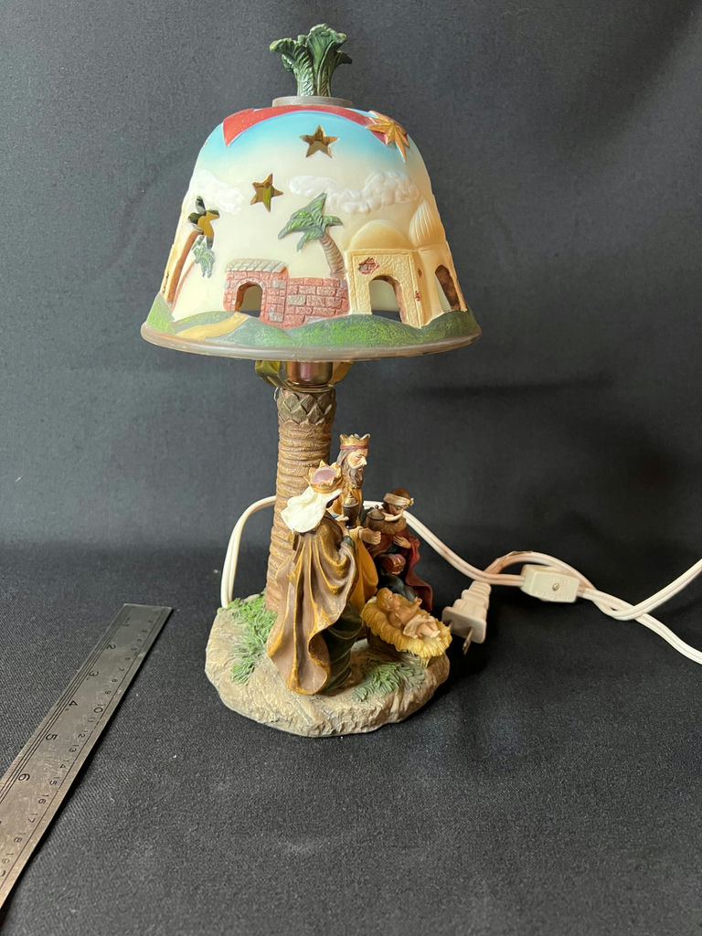 Decorative palm-tree lamp with nativity scene shade and Lenox dolphin figurine - image 4 of 11