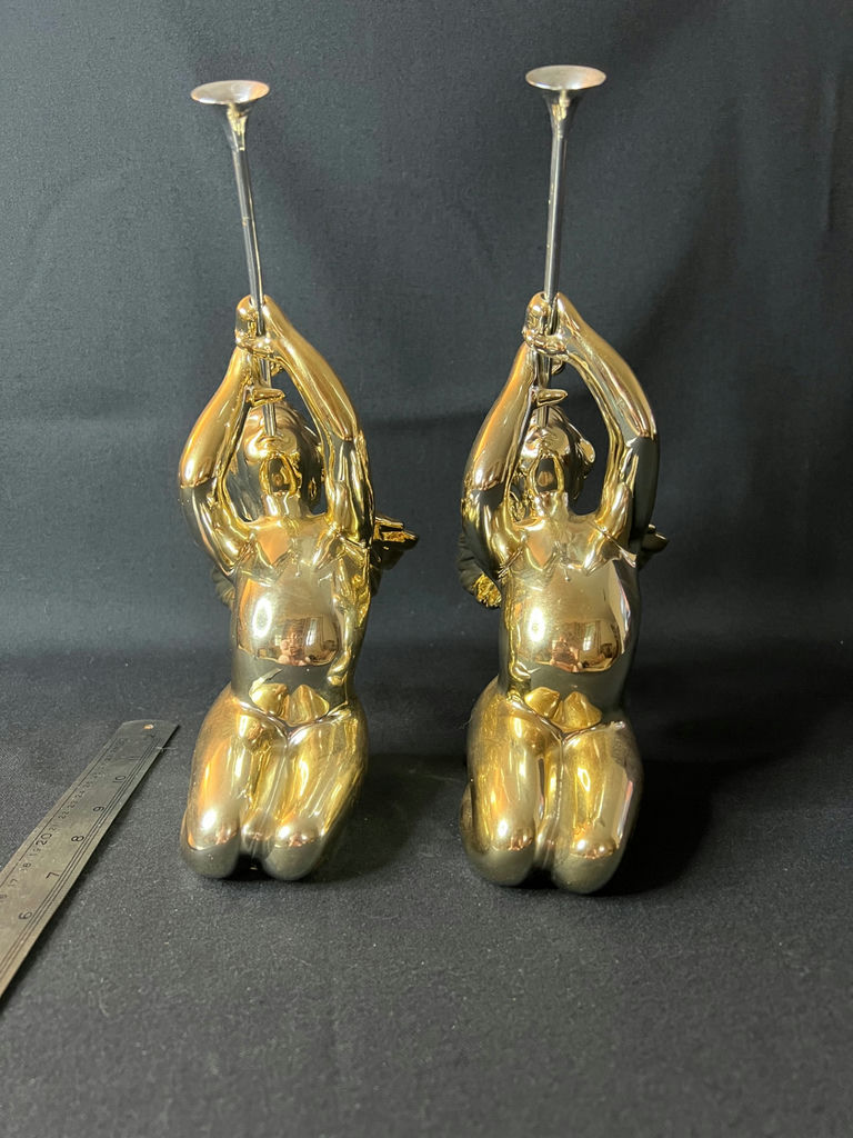 Vintage Department 56 gold-painted porelain cherubs, ceramic angel figurine, skark's tooth necklace - image 4 of 13