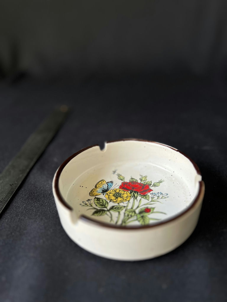 Vintage Precious Moments lidded keepsake dish, Milk Glass divided plate with gold rim, and ceramic ashtray - image 8 of 9