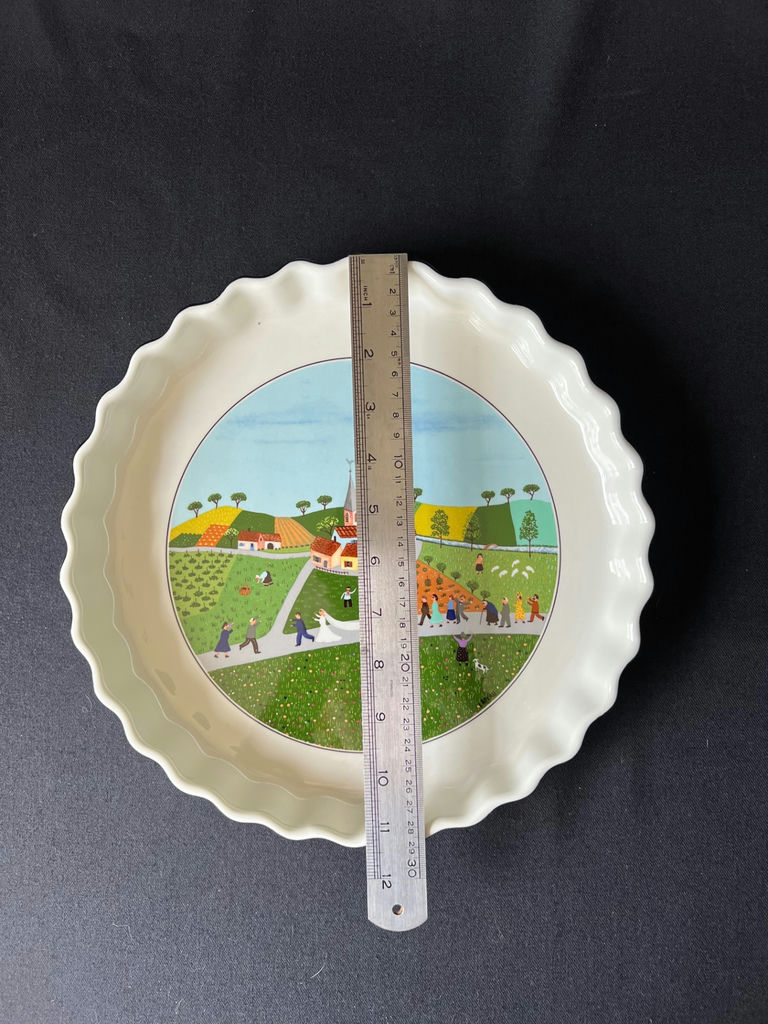 Decorative ceramic pie plate with pastoral scene and round silver-plated tray - image 2 of 6
