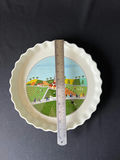 Decorative ceramic pie plate with pastoral scene and round silver-plated tray - thumbnail 2 of 6