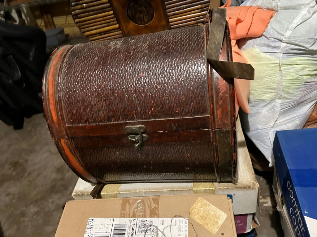 Vintage bamboo-slatted cabinet and antique leather trunk with craft supplies - image 4 of 7