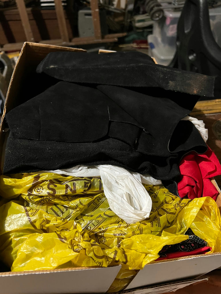 Assorted vintage fabrics and textiles: floral, plaid, satin, lycra, suede, lace - image 7 of 14