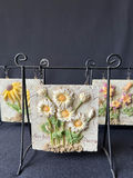 Floral embossed ceramic tiles on metal display stands, sculpted ceramic yellow rose - thumbnail 2 of 13