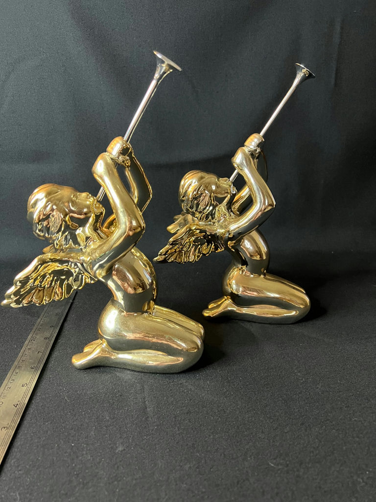Vintage Department 56 gold-painted porelain cherubs, ceramic angel figurine, skark's tooth necklace - image 1 of 13