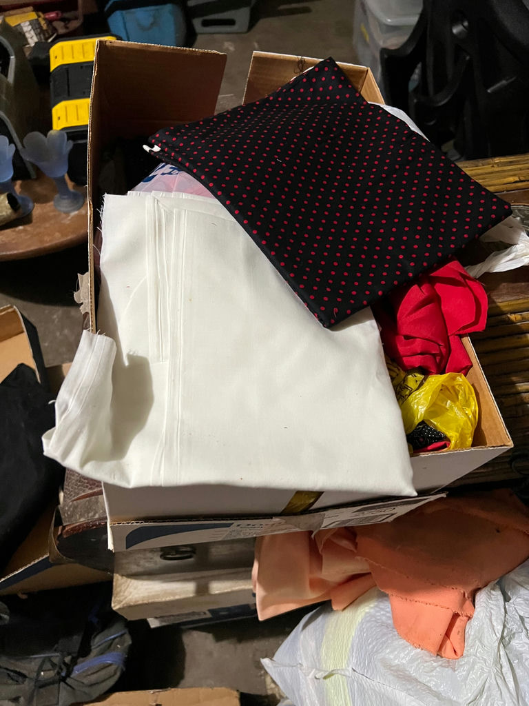 Assorted vintage fabrics and textiles: floral, plaid, satin, lycra, suede, lace - image 9 of 14
