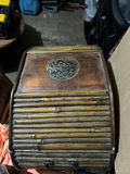 Vintage bamboo-slatted cabinet and antique leather trunk with craft supplies - thumbnail 2 of 7