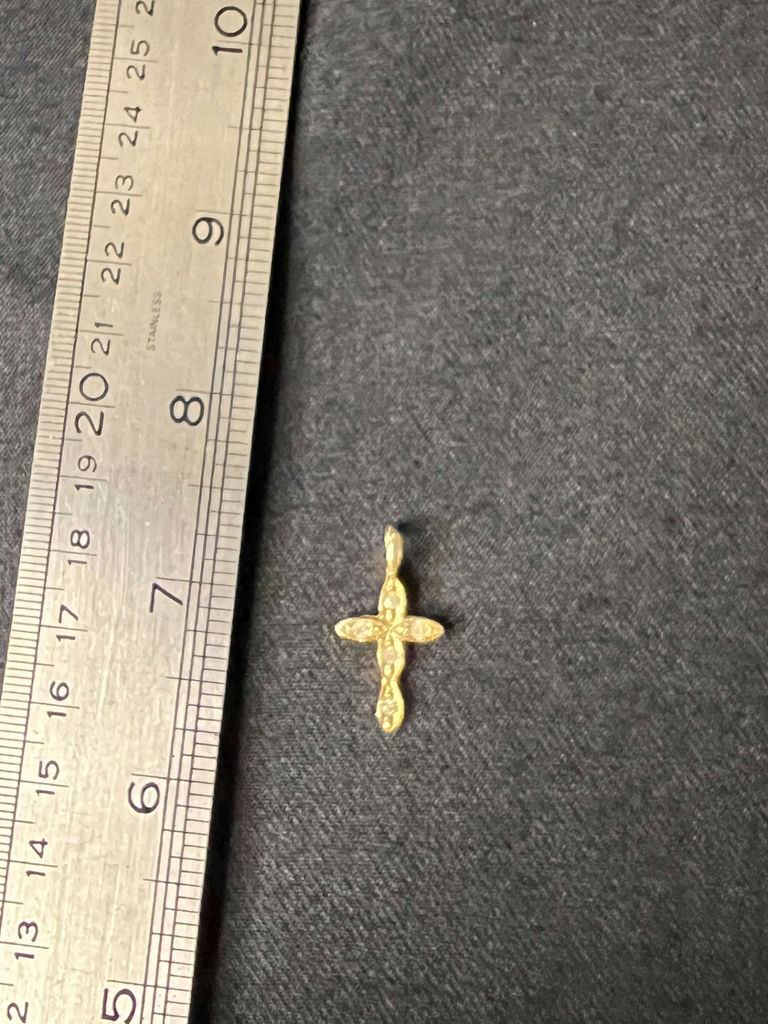 Vintage gold-tone cross pendant, filigree flower brooch, and rosebud pin - image 3 of 12