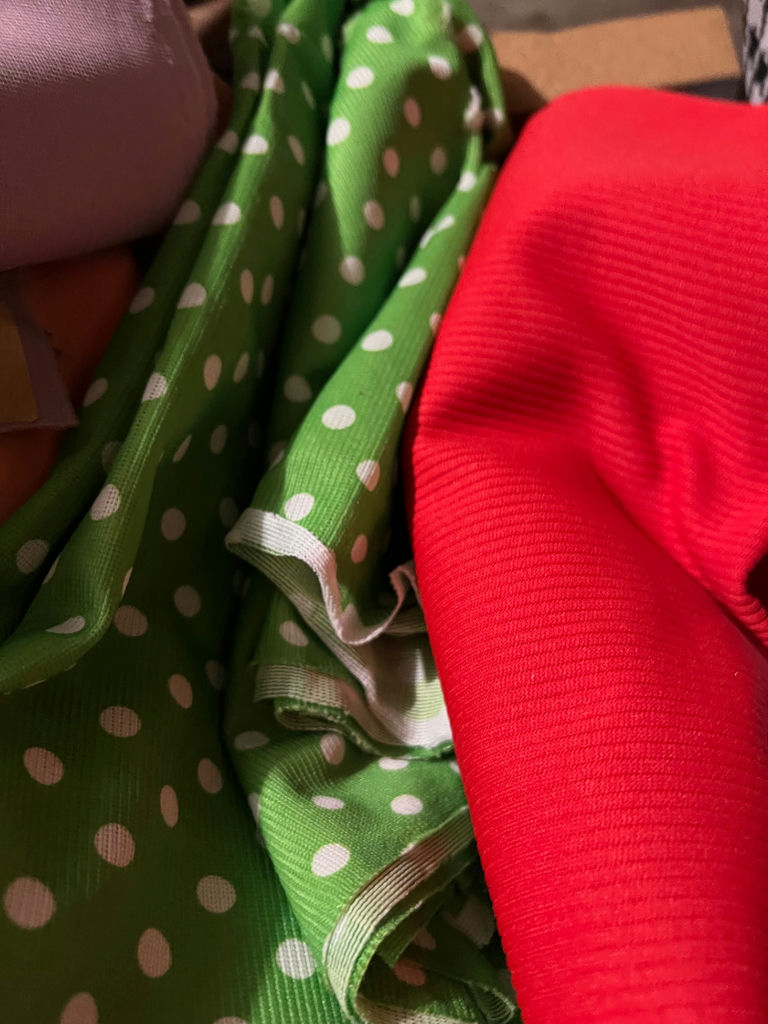 Assorted vintage fabric pieces and textiles: solid, houndstooth, plaid, polka dots, florals, crushed velvet, terry - image 3 of 14