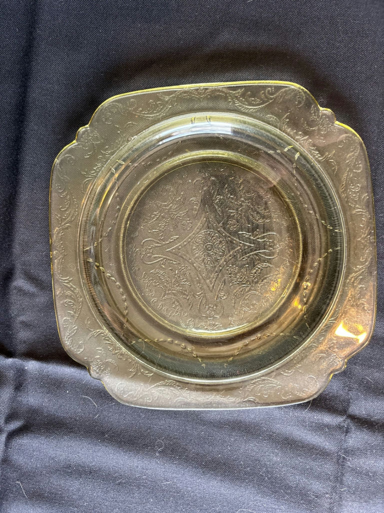 Vintage three-section shell-shaped serving dish with wooden handle, antique creamer pitcher, and embossed glass plate - image 7 of 8