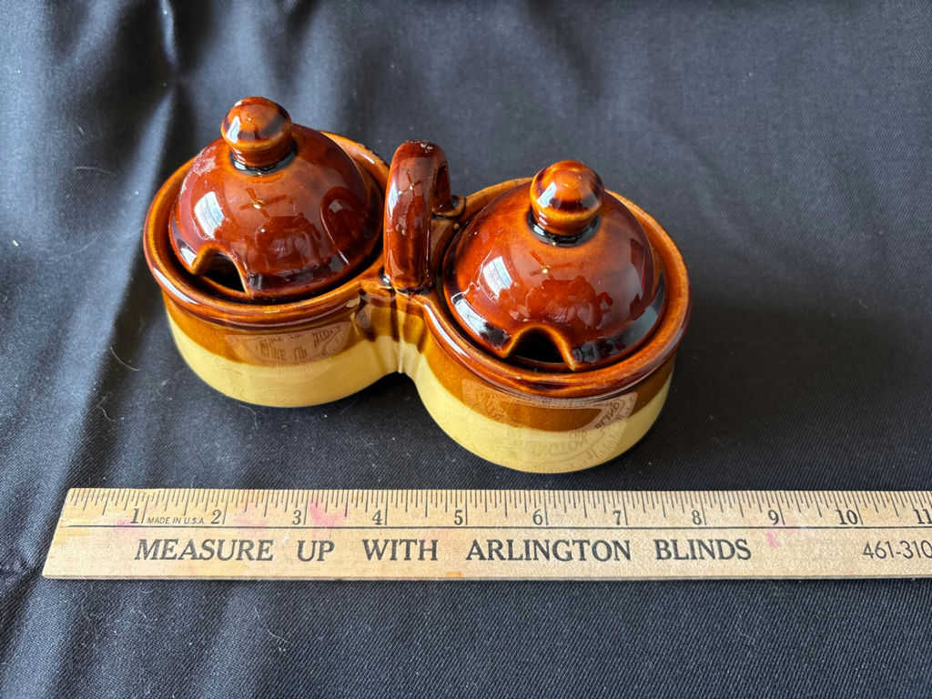 Vintage double condiment crock set (broken handle), Ellis Prod Pottery hand-painted ceramic pitcher and jar - image 1 of 5