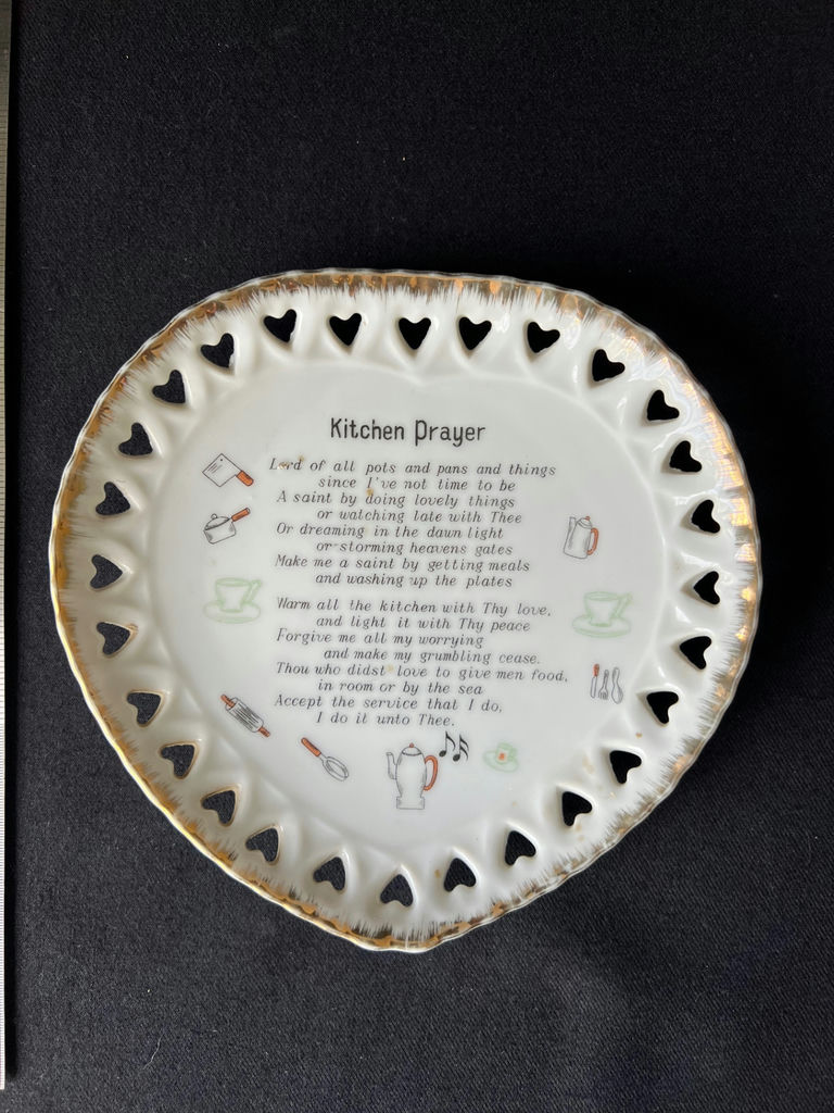 Decorative frosted glass angel dish, Antique rose-pattern ceramic pitcher, and Kitchen Prayer heart plate - image 7 of 10