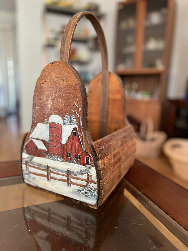 Vintage wicker basket with handle, vintage wicker laundry basket and painted farm tote - image 9 of 23