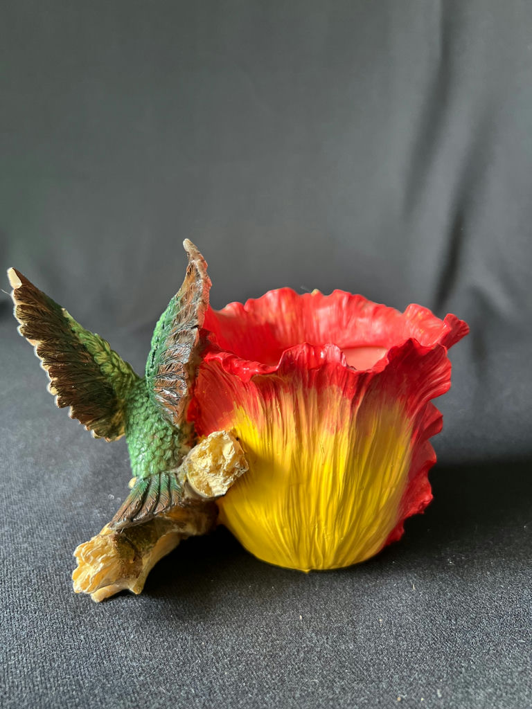 Colorful flower sculpture with hummingbird and cowboy figurine - image 4 of 11