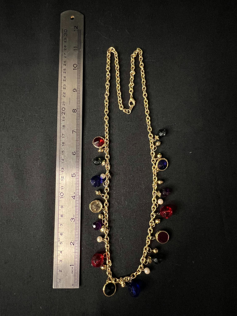 Gold-tone beaded necklace with multicolored charms and red enamel crescent earrings - image 1 of 8