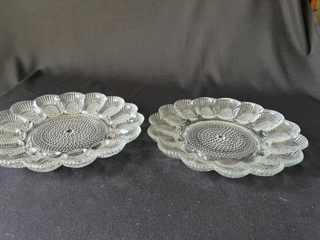 Pair of scalloped-edge, glass, deviled egg serving platters - image 1 of 3