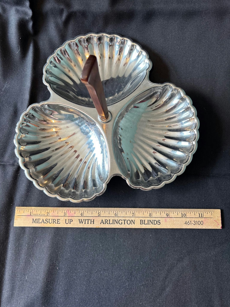 Vintage three-section shell-shaped serving dish with wooden handle, antique creamer pitcher, and embossed glass plate - image 2 of 8
