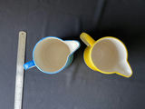 Pair of small ceramic pitchers with blue and yellow floral glaze - thumbnail 2 of 4
