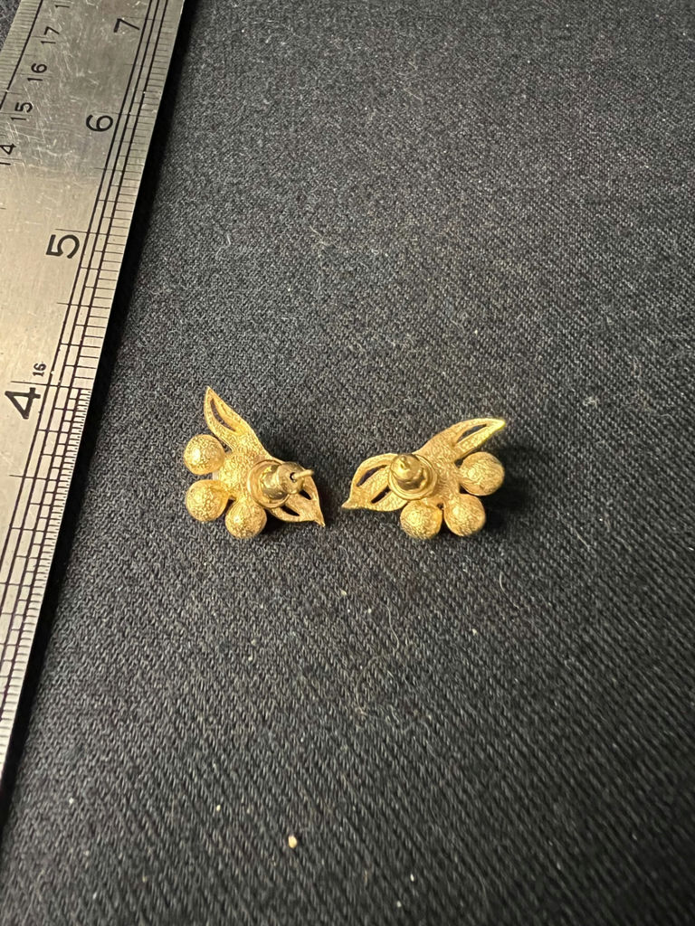 Three pairs of earrings: red enamel studs, color‑enamel hoops, and gold-tone pearl studs - image 5 of 9