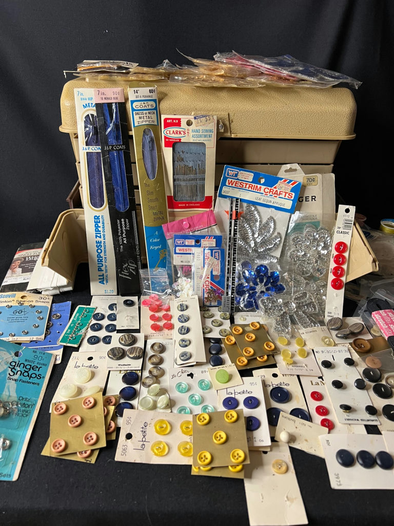 Vintage sewing kit with buttons, threads, zippers and craft trims - image 1 of 13