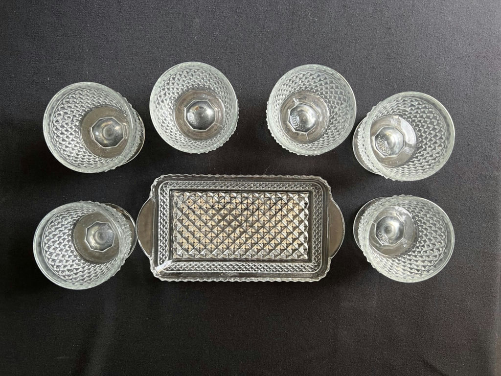 Vintage Diamond-pattern pressed glass cocktail set and glass butter dish - image 3 of 16