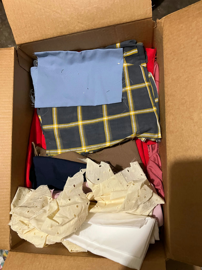Assorted vintage fabrics and textiles: floral, plaid, satin, lycra, suede, lace - image 6 of 14