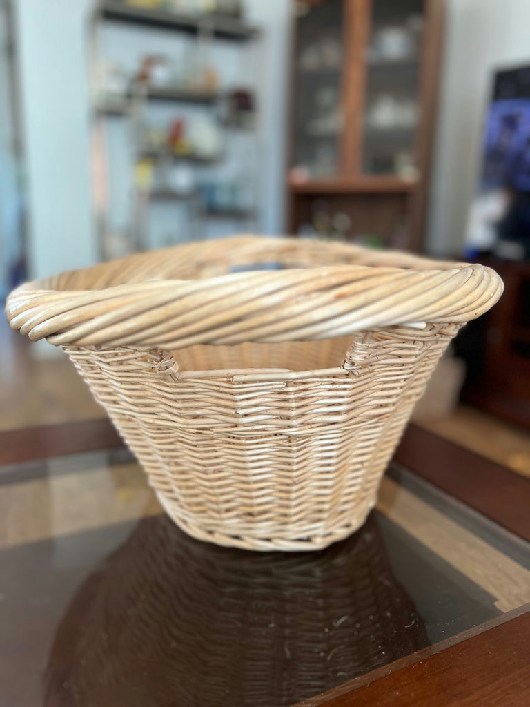 Vintage wicker basket with handle, vintage wicker laundry basket and painted farm tote - image 2 of 23