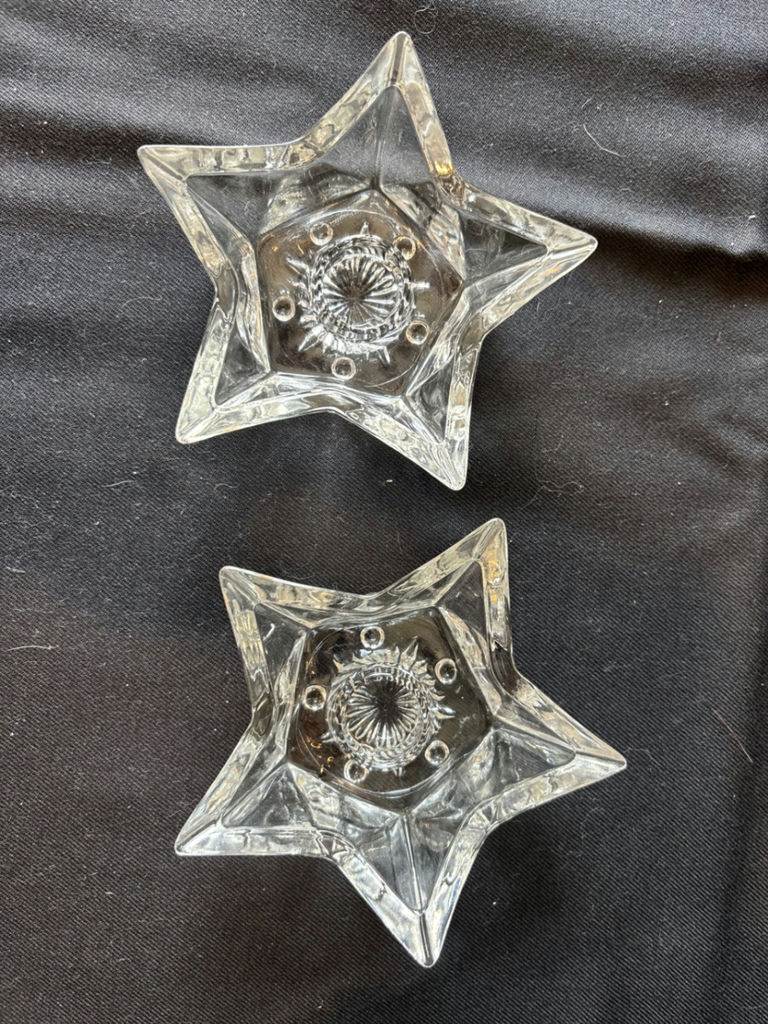 Three tall ribbed glass tiki glasses, round candle holder, and two star-shaped glass candle holders - image 9 of 10