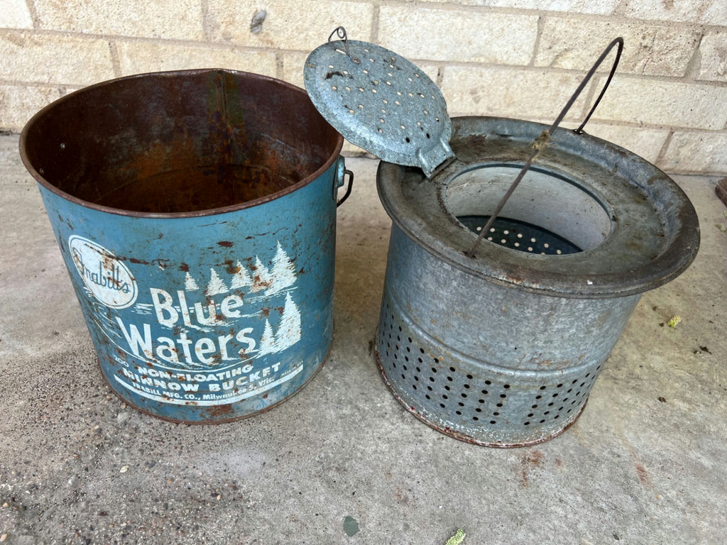 Antique metal bait buckets and enameled pot - image 3 of 19