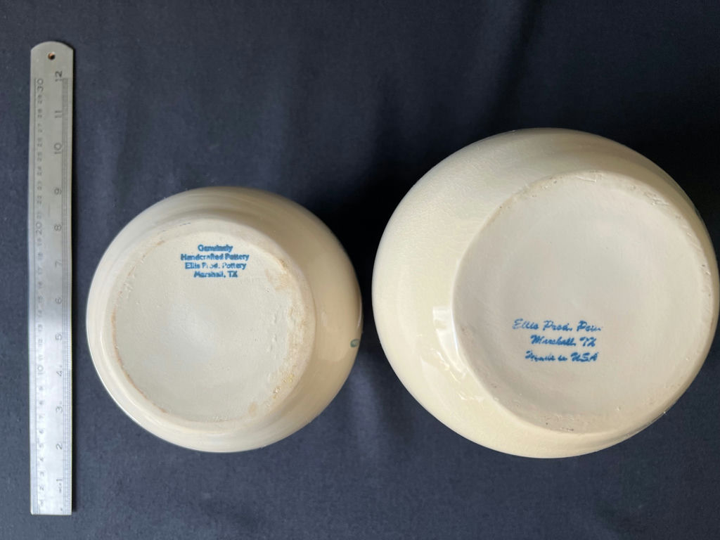 Vintage double condiment crock set (broken handle), Ellis Prod Pottery hand-painted ceramic pitcher and jar - image 5 of 5