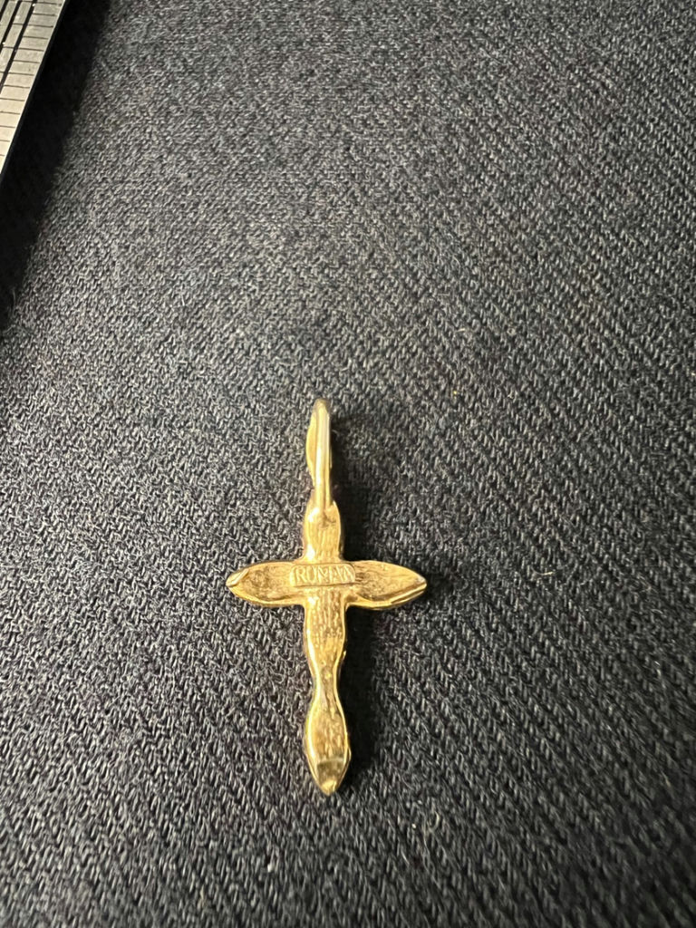 Vintage gold-tone cross pendant, filigree flower brooch, and rosebud pin - image 2 of 12